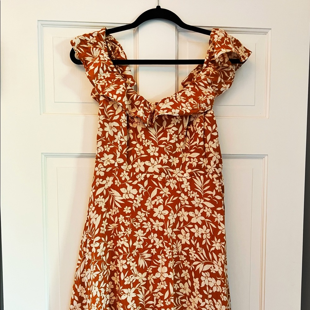 Old Navy ruffle sleeve/off the shoulder mini dress. Mustard and white floral